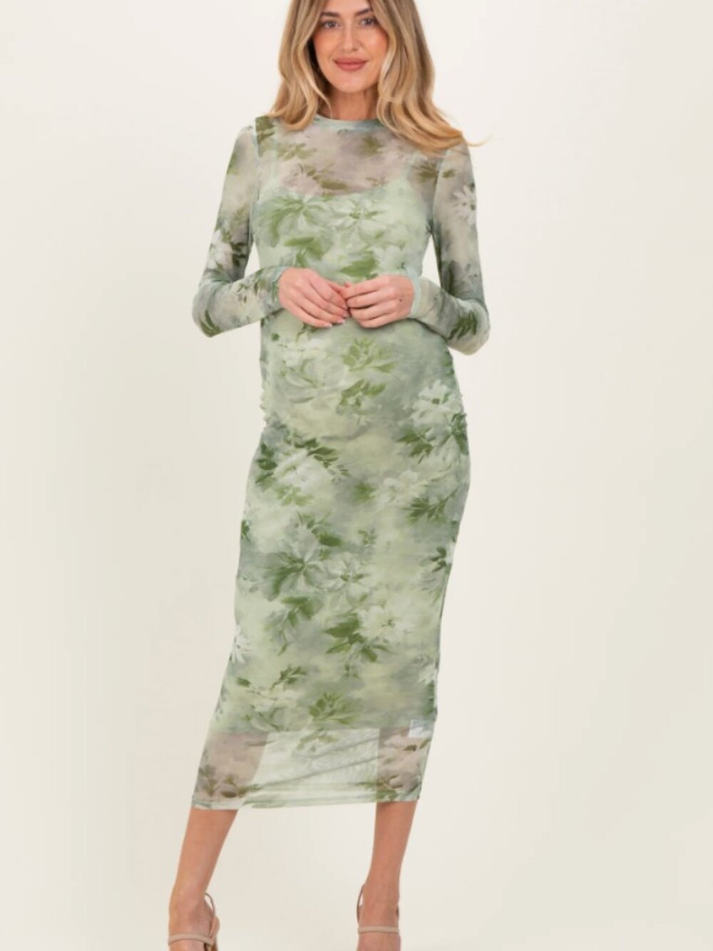 Light Olive Floral Mesh Overlay Maternity Maxi Dress